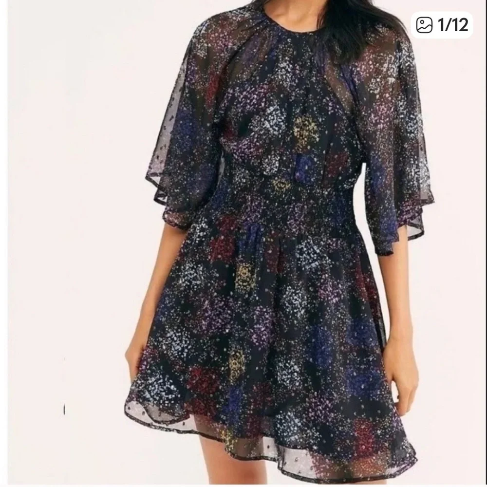 NWT Free People Anna Mini Chiffon Dress Colorful Metallic Open Back size XL